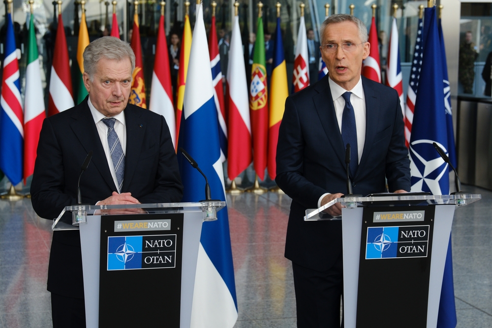 Finland's President Sauli Niinisto and NATO Secretary General Jens Stoltenberg give a press conference during a NATO foreign affairs ministers' meeting in Brussels, Belgium